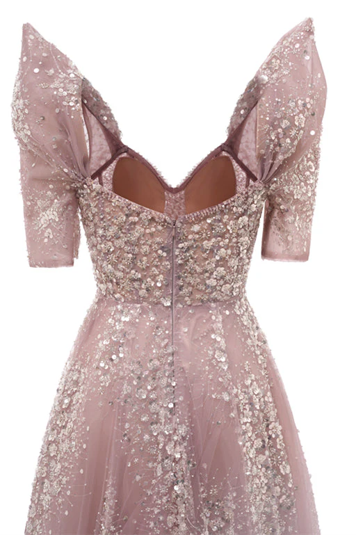 Off the shoulder Dusty Pink A-line Belt Evening Dresses - Image 7