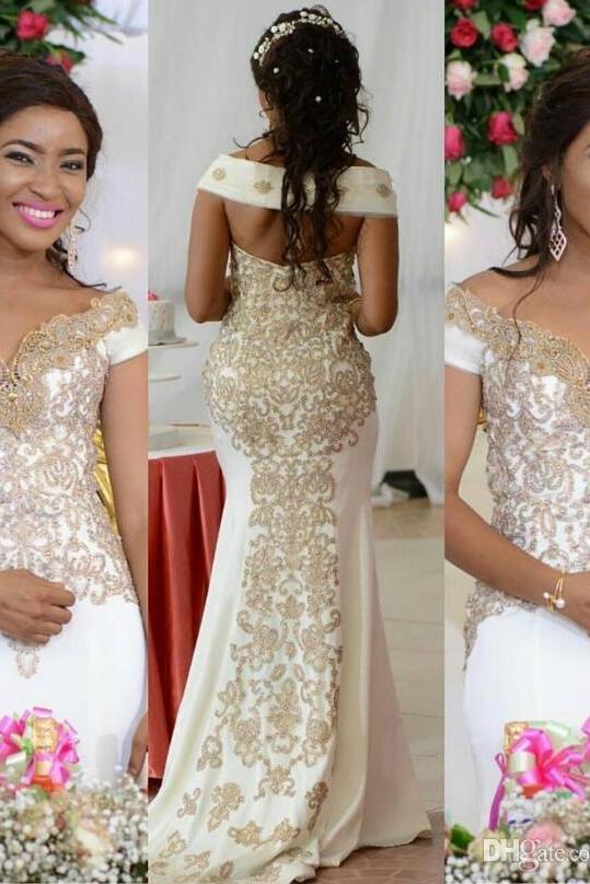 Off the shoulder Golden Lace appliques Backless Wedding Dress - Image 2