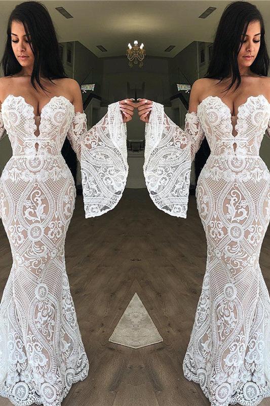 Off-the-Shoulder Lace Evening Dress Chic Strapless Bell Sleeves Prom Dresses - Image 2