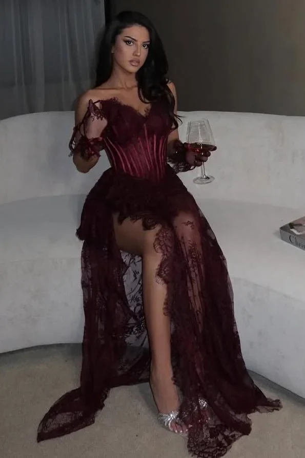 Off-The-Shoulder Lace Hot High Split Mermaid Prom Dresses - Image 2