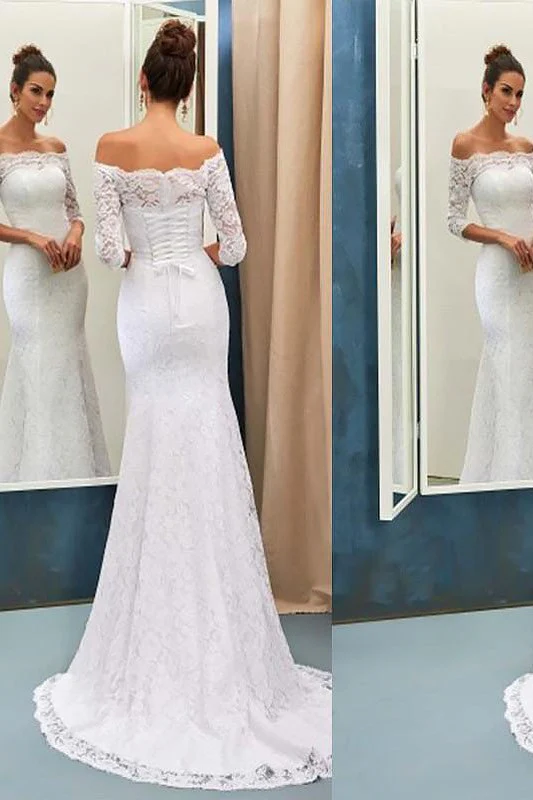 Off the Shoulder Lace Mermaid Long Sleevess Sweep Train Wedding Dresses - Image 2