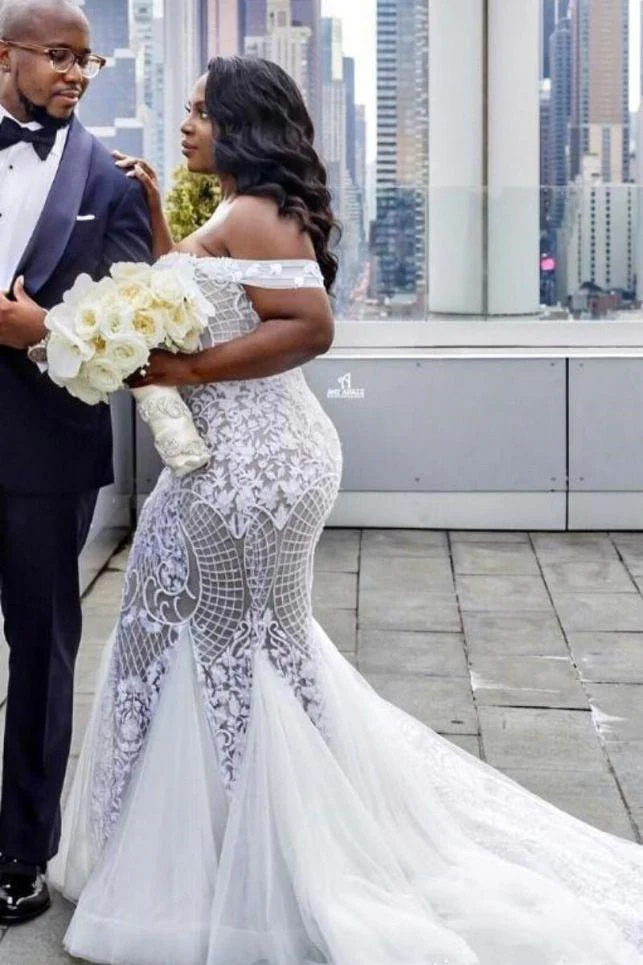 Off the shoulder Lace Mermaid Plus Size Wedding Dresses - Image 2