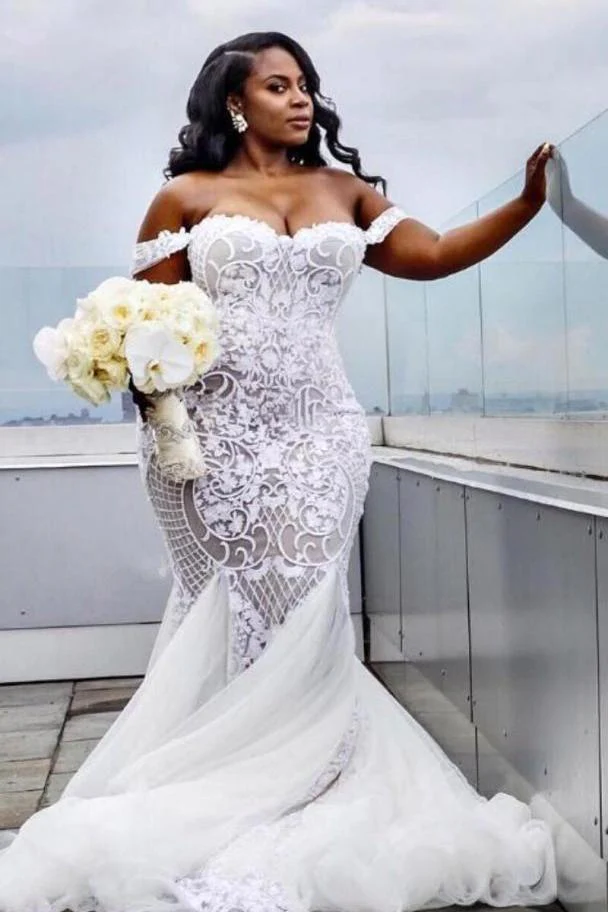 Off the shoulder Lace Mermaid Plus Size Wedding Dresses - Image 3
