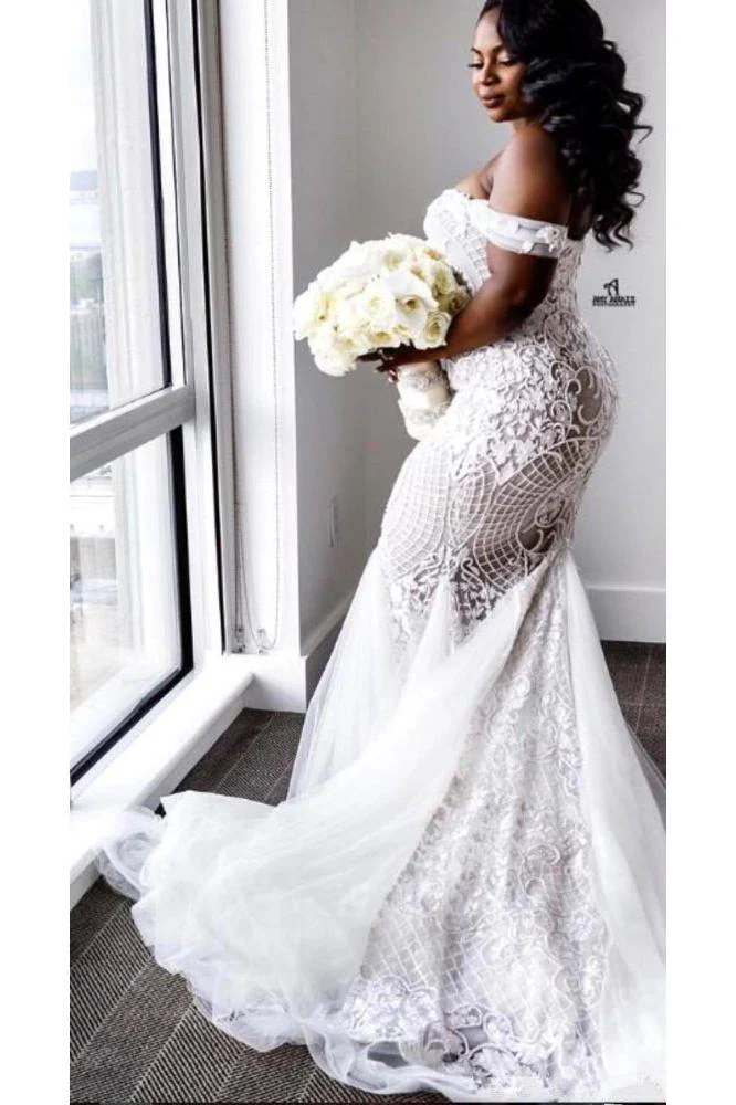 Off the shoulder Lace Mermaid Plus Size Wedding Dresses - Image 5