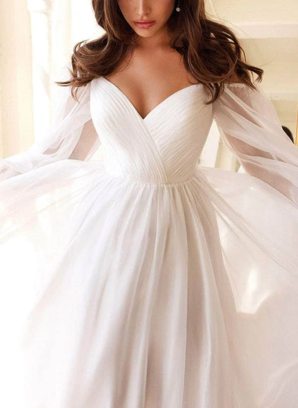 Off-the-Shoulder Long Sleeves Chiffon Floor-Length Wedding Dress - Image 3