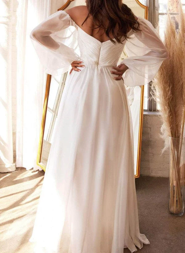 Off-the-Shoulder Long Sleeves Chiffon Floor-Length Wedding Dress - Image 4