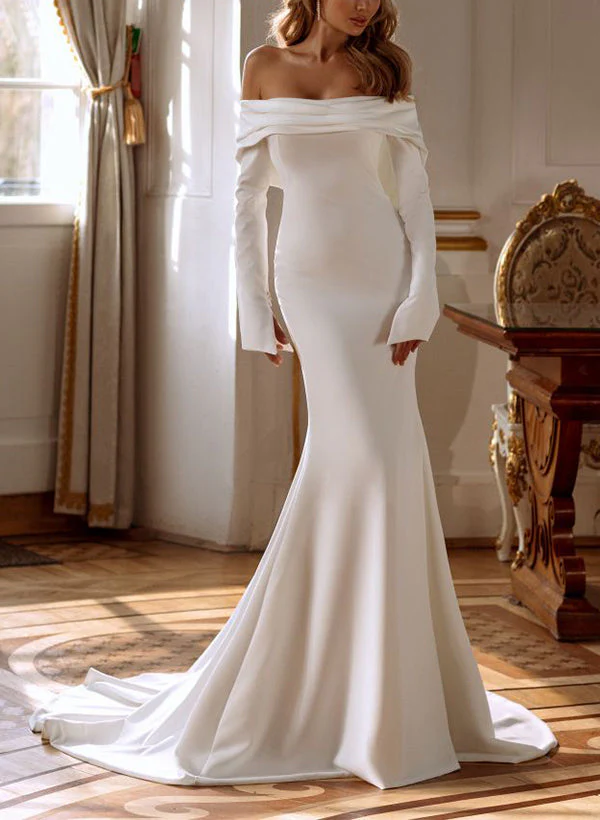 Off-The-Shoulder Long Sleeves Elastic Satin Wedding Dress - Image 2
