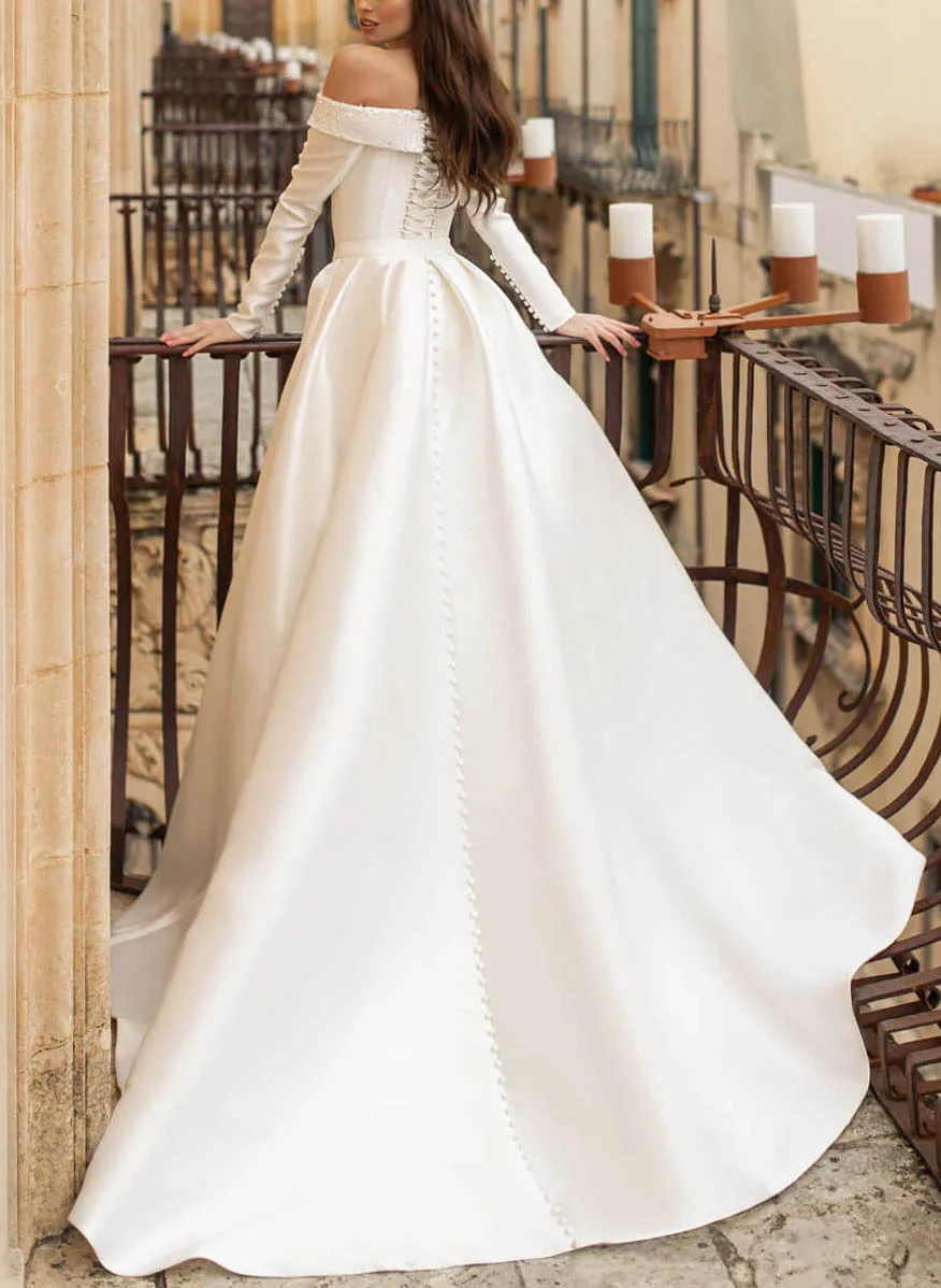 Off-The-Shoulder Long Sleeves Pearl Detachable Wedding Dress - Image 3