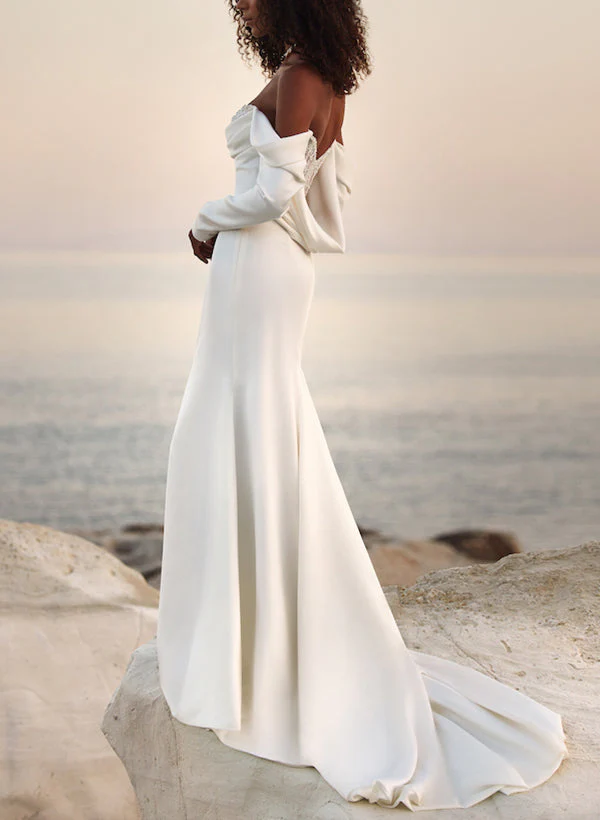 Off-The-Shoulder Long Sleeves Satin Wedding Dresses Sequins - Image 2