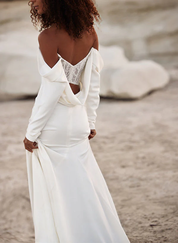 Off-The-Shoulder Long Sleeves Satin Wedding Dresses Sequins - Image 3