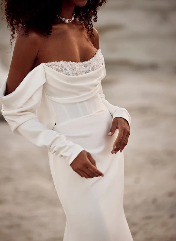 Off-The-Shoulder Long Sleeves Satin Wedding Dresses Sequins - Image 4