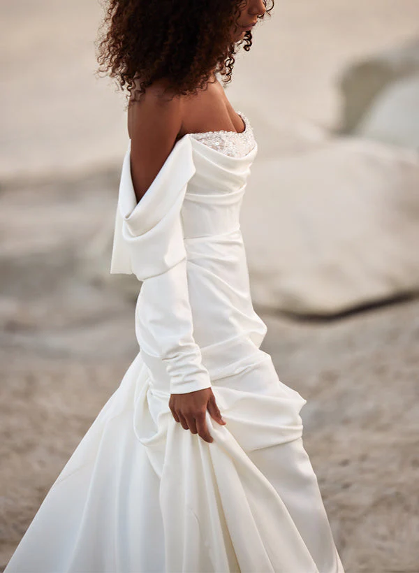 Off-The-Shoulder Long Sleeves Satin Wedding Dresses Sequins - Image 5