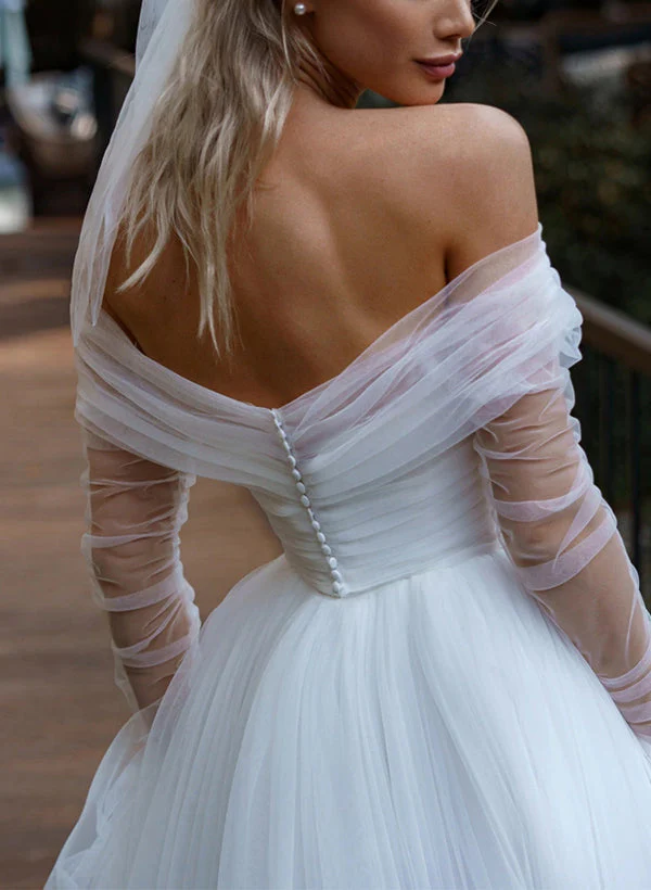 Off-The-Shoulder Long Sleeves Sweep Train Tulle Wedding Dresses - Image 2
