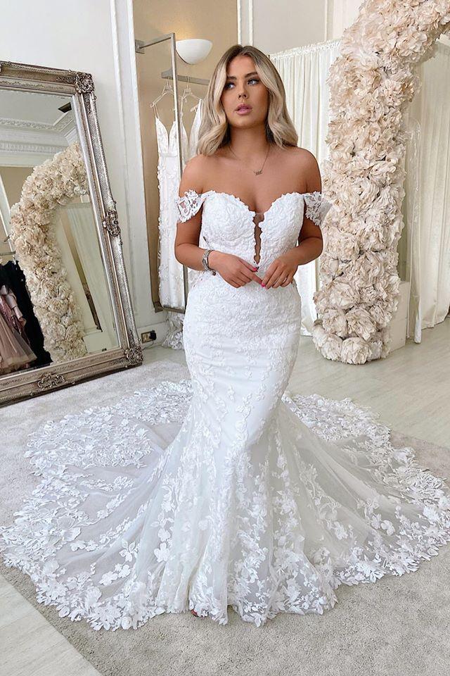 Off The Shoulder Mermaid Appliques Wedding Dresses Lace Backless Bridal Gowns - Image 2