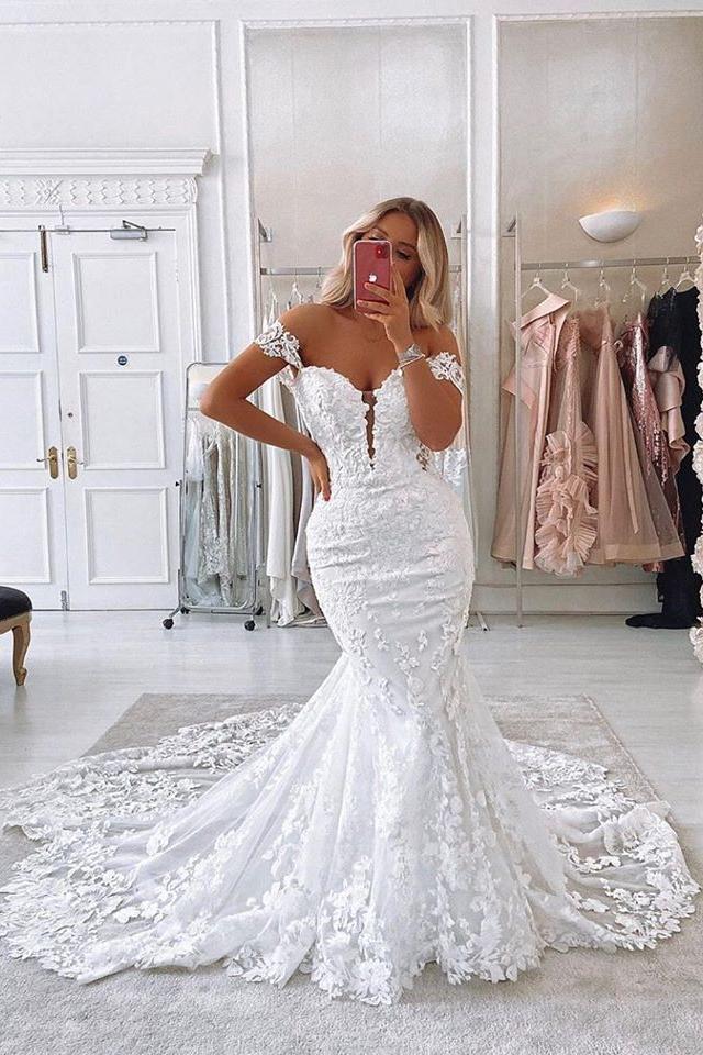 Off The Shoulder Mermaid Appliques Wedding Dresses Lace Backless Bridal Gowns - Image 3