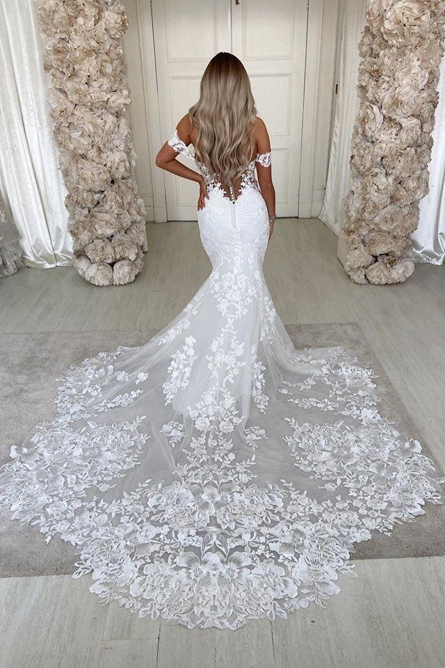 Off The Shoulder Mermaid Appliques Wedding Dresses Lace Backless Bridal Gowns - Image 4