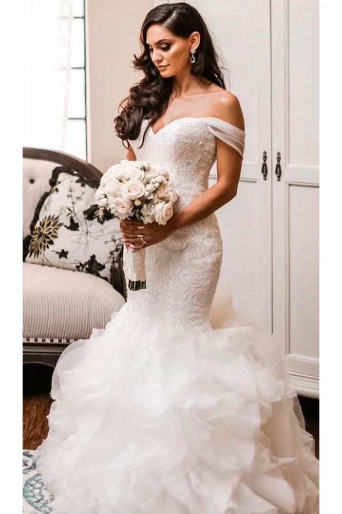 Off The Shoulder Puffy Ruffless Wedding Dresses Sheath Tulle Modern Lace Bridal Gowns - Image 2