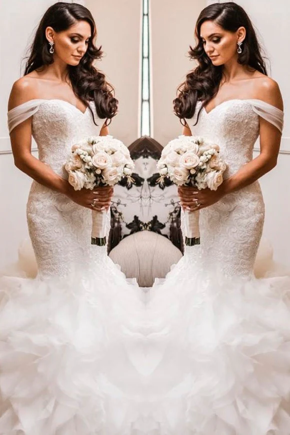 Off The Shoulder Puffy Ruffless Wedding Dresses Sheath Tulle Modern Lace Bridal Gowns - Image 3