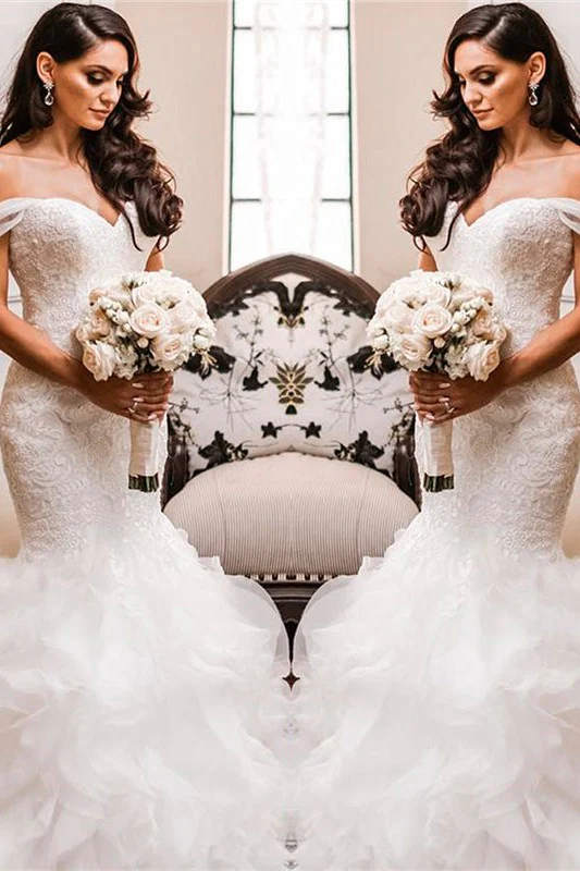 Off The Shoulder Puffy Ruffless Wedding Dresses Sheath Tulle Modern Lace Bridal Gowns - Image 4