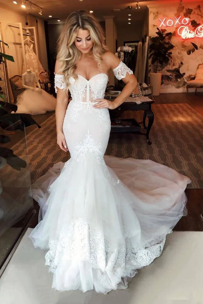 Off the Shoulder Puffy Tulle Wedding Dress Mermaid Appliques Sweep Train Bridal Gowns - Image 2