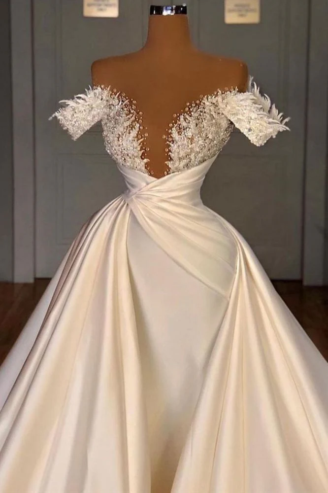 Off the Shoulder Sequined Fur Satin Wedding Party Gown Sleeveless/Long Sleevess styles - Image 3