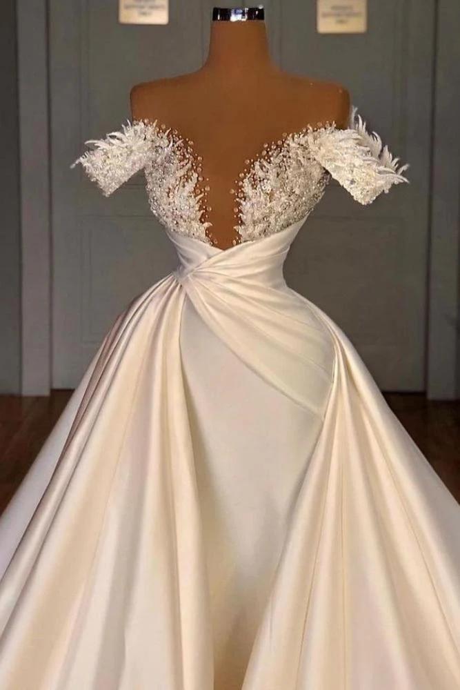 Off the Shoulder Sequined Fur Satin Wedding Party Gown Sleeveless/Long Sleevess styles - Image 6