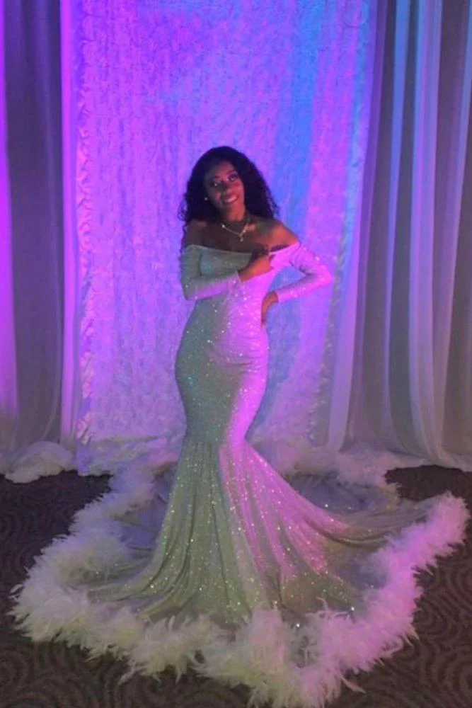 Off-the-shoulder Sequins Fur Trim Court Train Mermaid Prom Gowns - Image 2