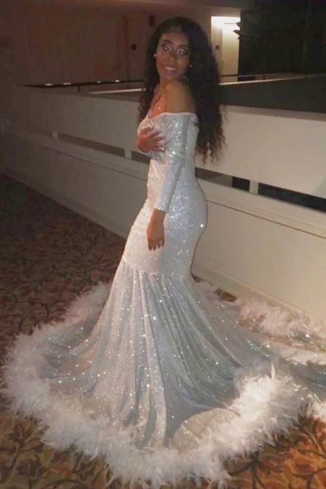 Off-the-shoulder Sequins Fur Trim Court Train Mermaid Prom Gowns - Image 3