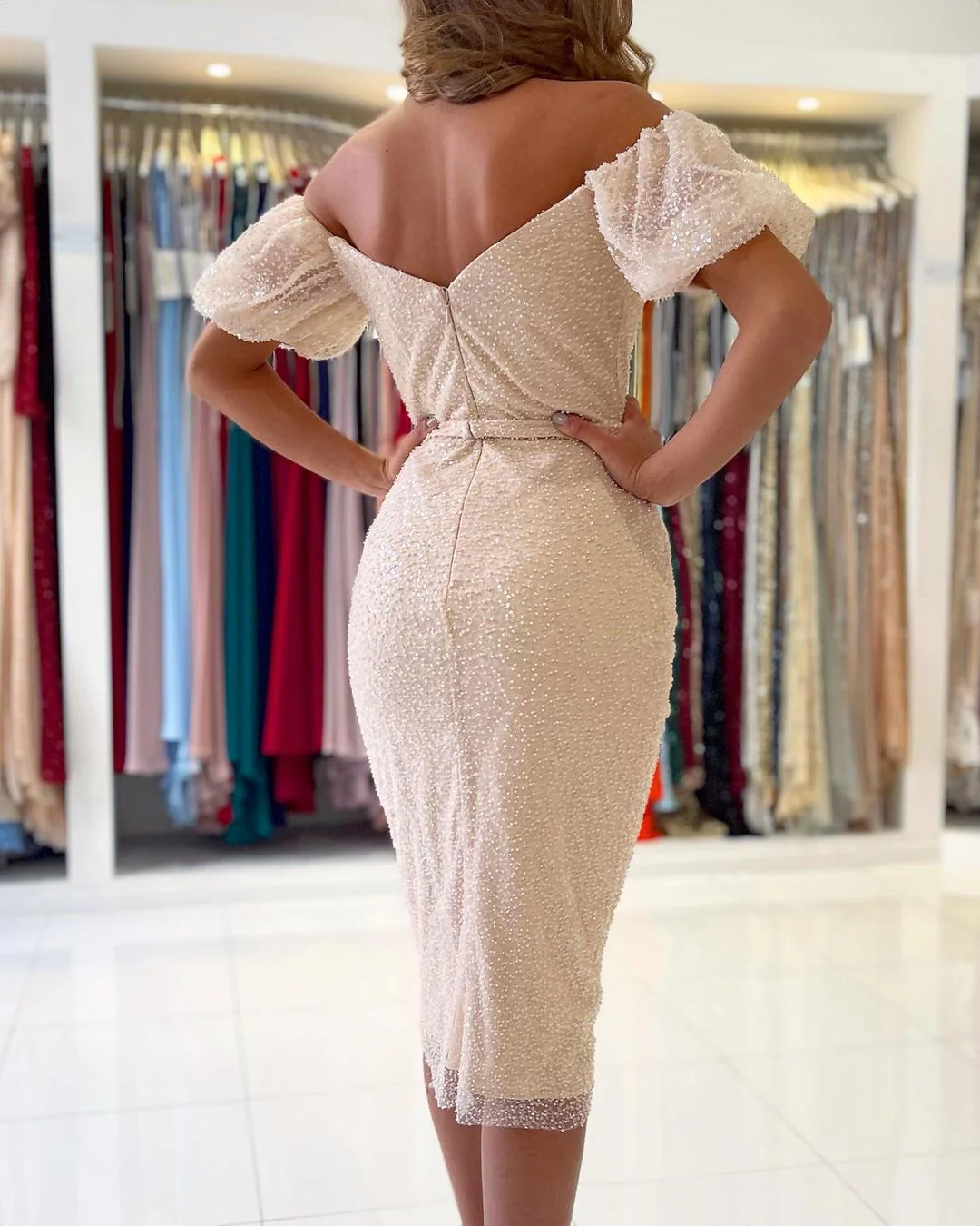 Off-the-Shoulder Sequins Short Prom Dress With Slit Party Gowns - Image 2