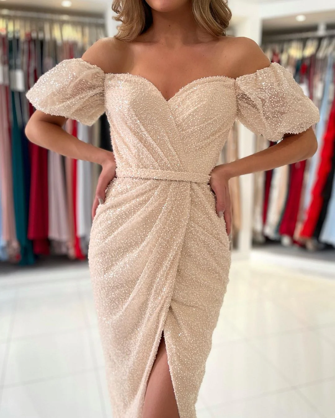 Off-the-Shoulder Sequins Short Prom Dress With Slit Party Gowns - Image 3