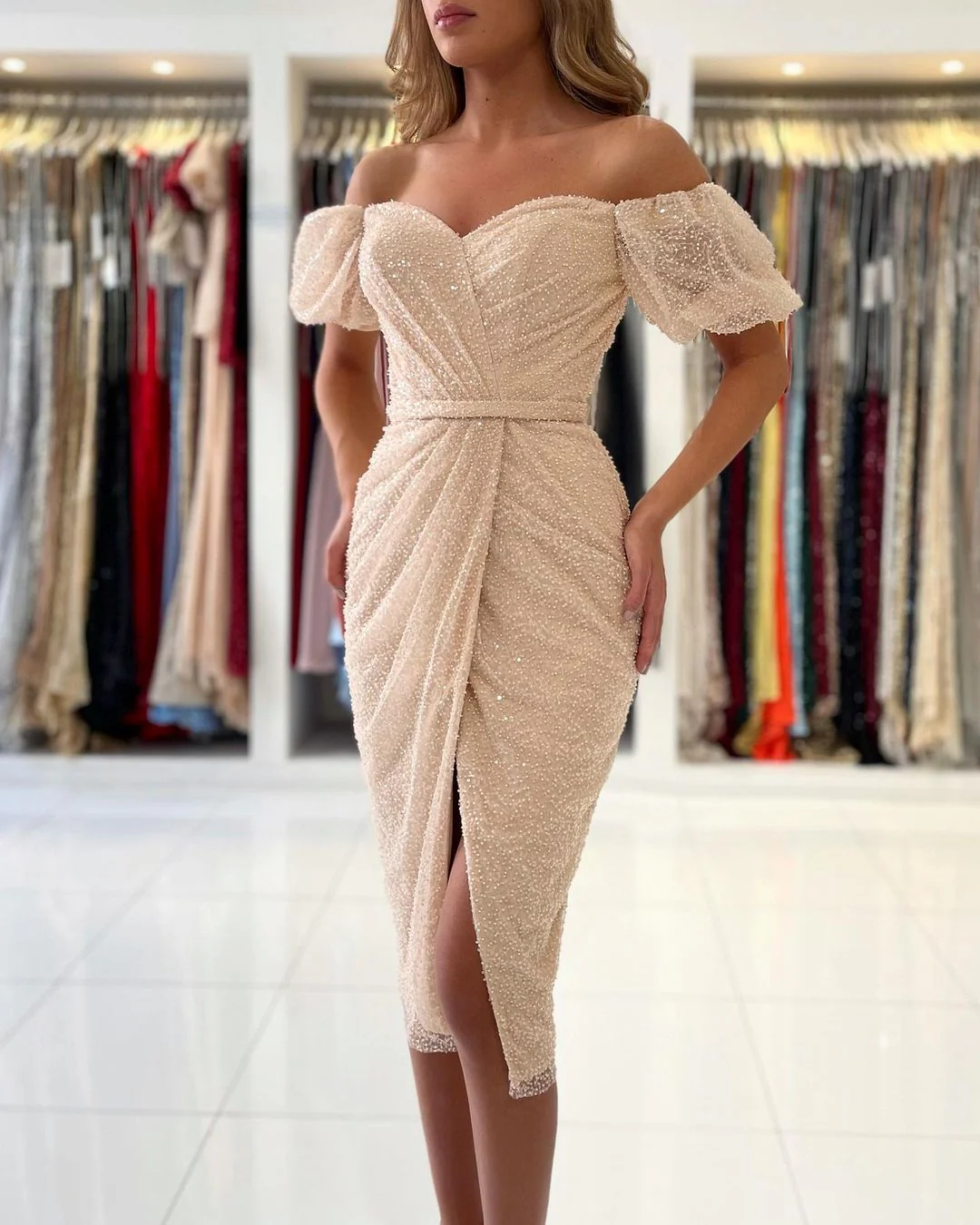 Off-the-Shoulder Sequins Short Prom Dress With Slit Party Gowns - Image 4