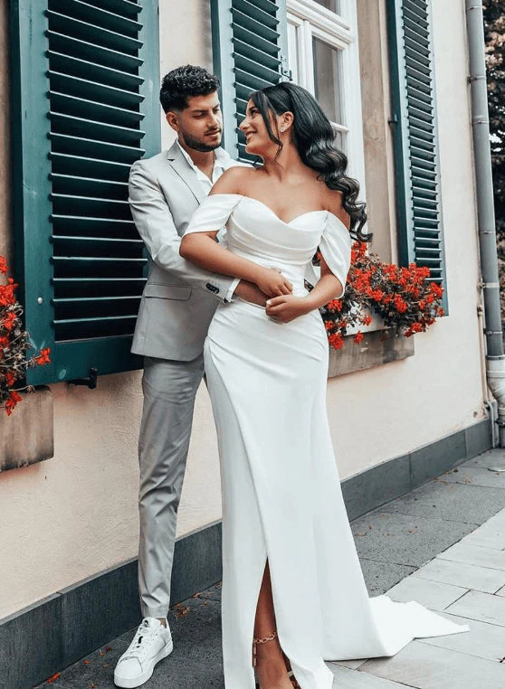 Off-The-Shoulder Sheath Fitted Slit Wedding Dresses Satin - Image 2