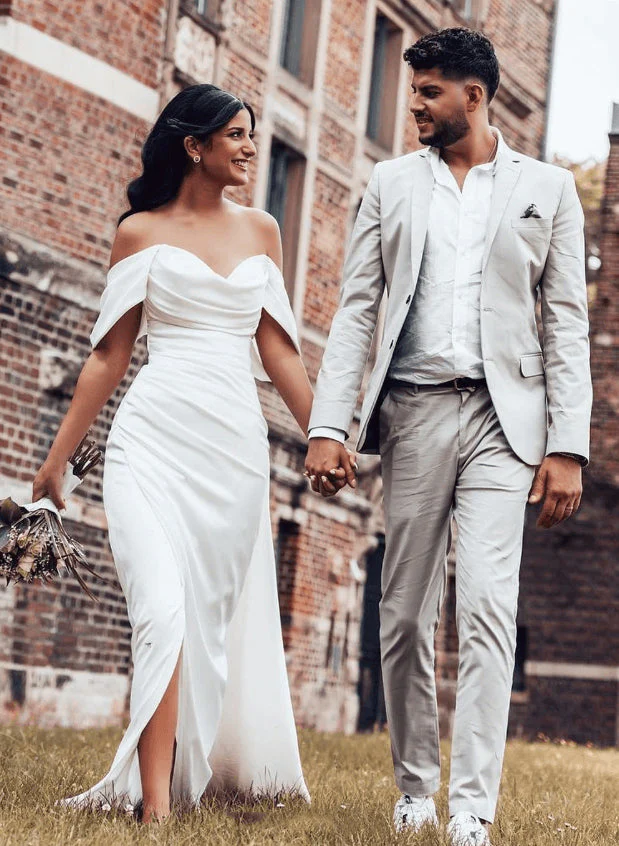 Off-The-Shoulder Sheath Fitted Slit Wedding Dresses Satin - Image 3