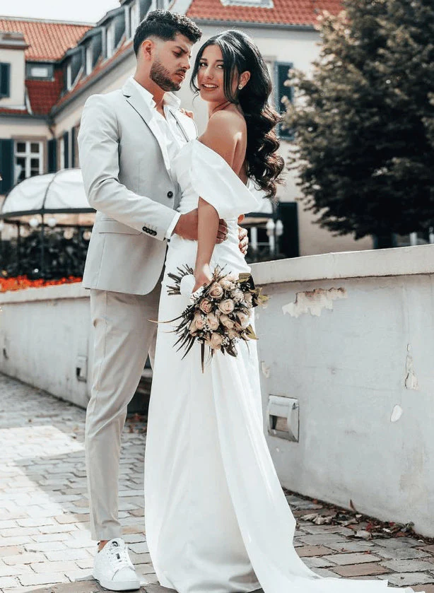Off-The-Shoulder Sheath Fitted Slit Wedding Dresses Satin - Image 6