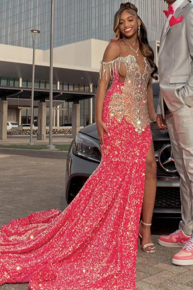 Off the shoulder Silver Beaded Pink Mermaid Court Train Prom Dresses - Image 2