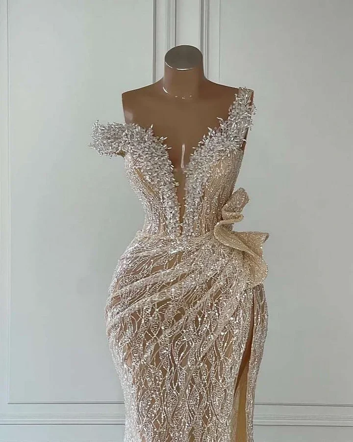 Off-The-Shoulder Silver Beads Cap Sleeves High Split Prom Dresses - Image 2
