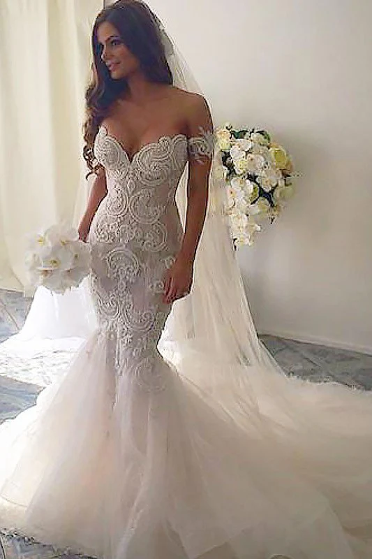 Off the Shoulder Sleeveless Mermaid Tulle Chapel Train Wedding Dresses - Image 3