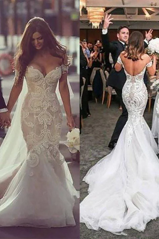 Off the Shoulder Sleeveless Mermaid Tulle Chapel Train Wedding Dresses - Image 4