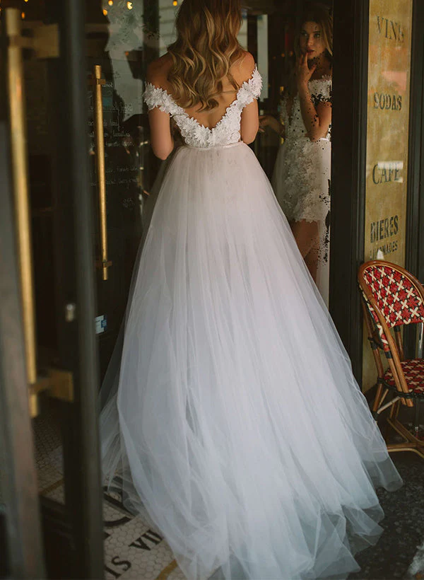 Off-The-Shoulder Sleeveless Wedding Dress Detachable Sheath Fitted - Image 3
