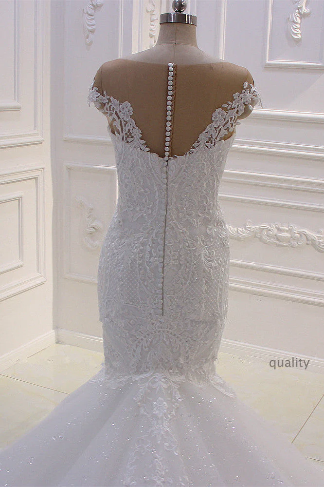 Off the Shoulder Sweetheart White Lace Appliques Tulle Mermaid Wedding Dress - Image 2