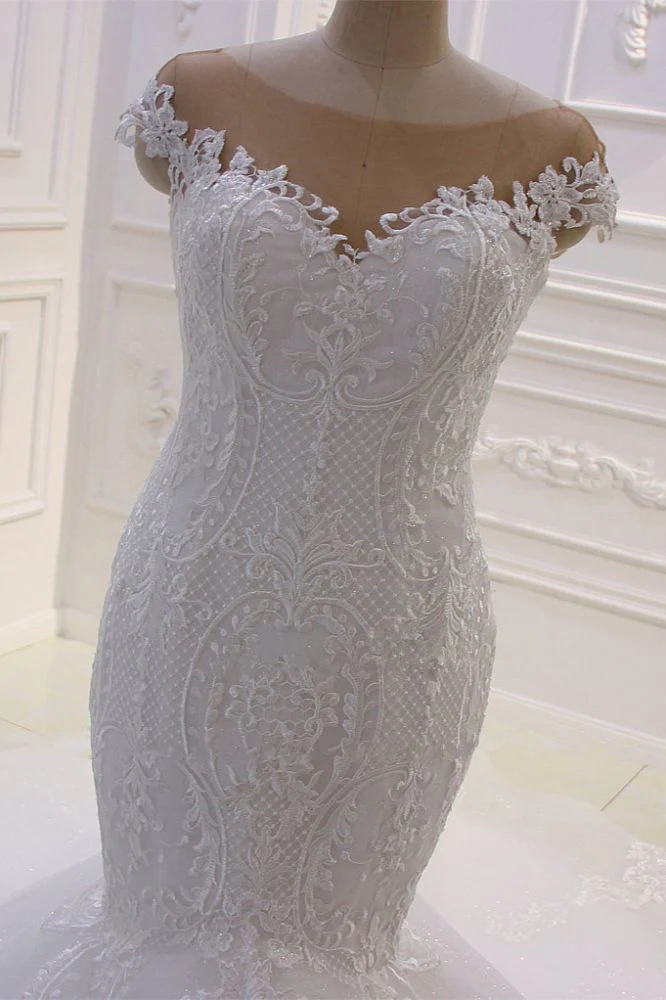 Off the Shoulder Sweetheart White Lace Appliques Tulle Mermaid Wedding Dress - Image 3
