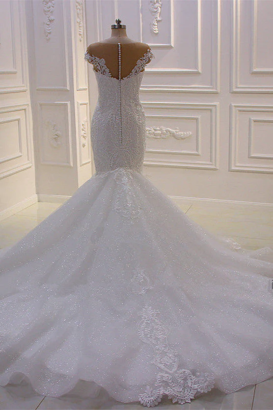 Off the Shoulder Sweetheart White Lace Appliques Tulle Mermaid Wedding Dress - Image 4