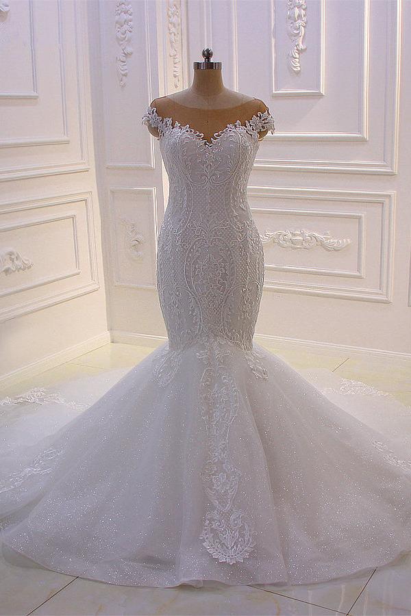 Off the Shoulder Sweetheart White Lace Appliques Tulle Mermaid Wedding Dress - Image 5