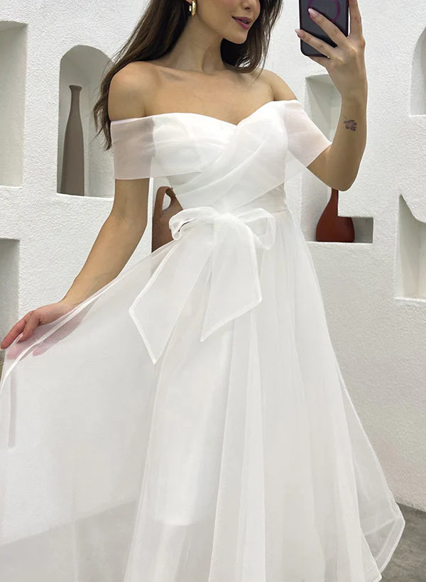 Off-The-Shoulder Tea-Length Tulle Wedding Dresses Bows - Image 2