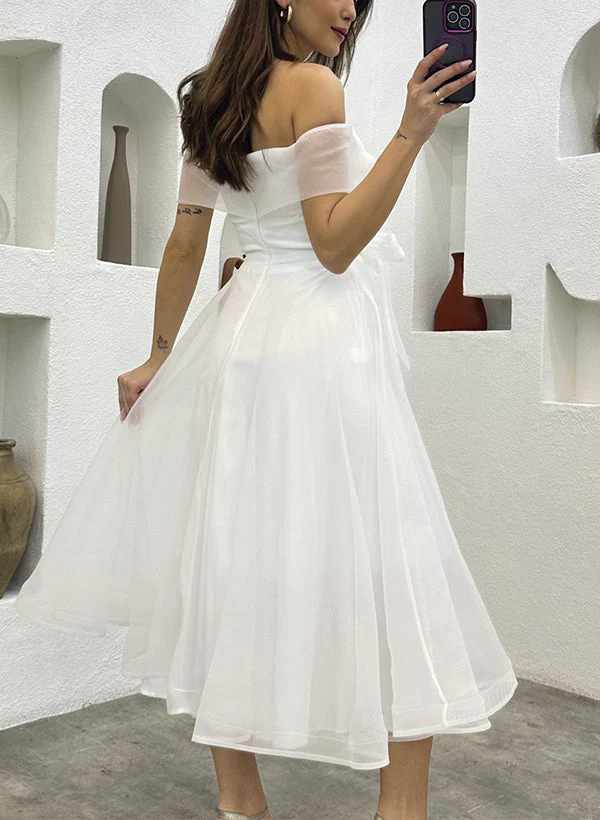 Off-The-Shoulder Tea-Length Tulle Wedding Dresses Bows - Image 3