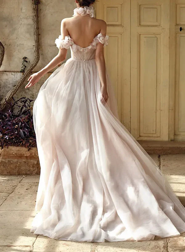 Off-The-Shoulder Tulle Flowers Wedding Dresses Romantic - Image 3