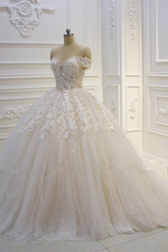 Off the shoulder Tulle Lace Appliques Sequined Wedding Dress - Image 2