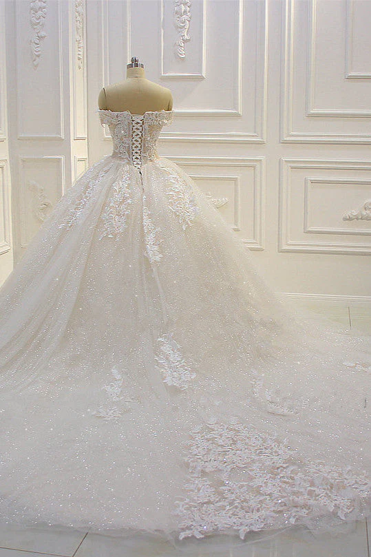 Off the shoulder Tulle Lace Appliques Sequined Wedding Dress - Image 3