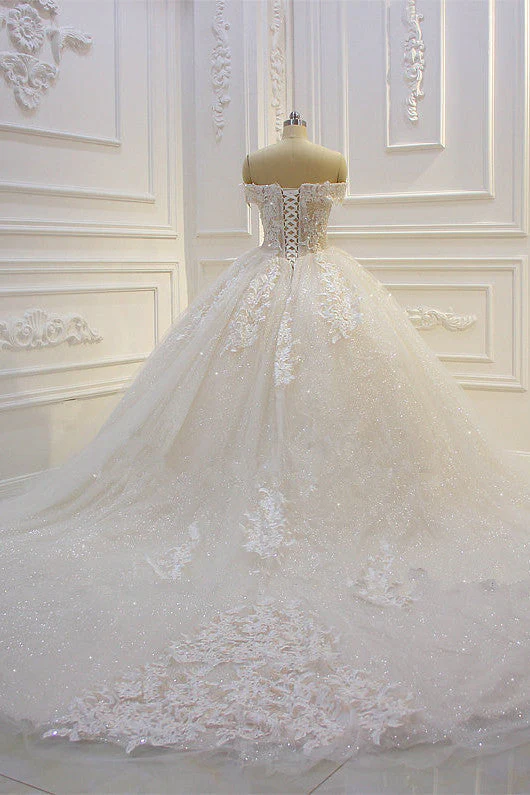 Off the shoulder Tulle Lace Appliques Sequined Wedding Dress - Image 4