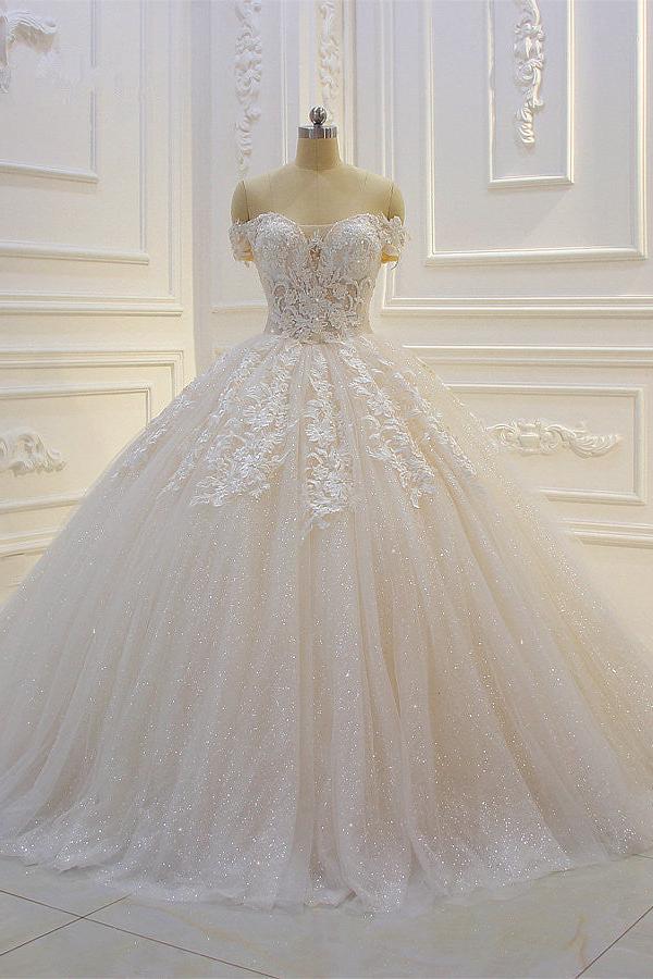 Off the shoulder Tulle Lace Appliques Sequined Wedding Dress - Image 5